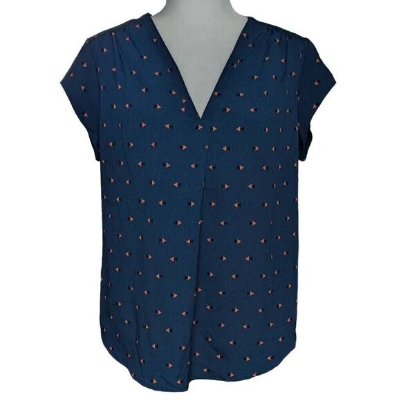 New Fun 2 Fun Lillian V-Neck Navy Tan Orange Black Geometric Blouse size L - Picture 4 of 8